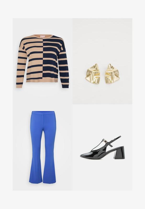 Beige og navy stribet sweater med vandrette striber, ribbede manchetter og en afslappet pasform med en rund halsudskæring.; Blå flagrende bukser lavet af glat stof, med en frontknaplukning og sidelommer. Skræddersyet fit med en let glans.; Sort laklæder lavhælet slingback sko med spids tå og T-rem med lille guldbøjle.; Guldmetalløreringe med et bølget design; glat, reflekterende overflade; asymmetrisk form; ingen synlige mønstre eller hardware.
