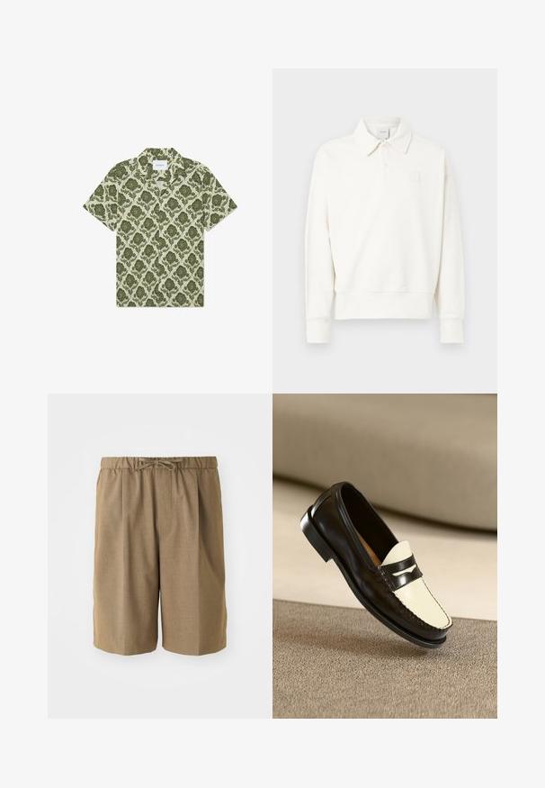 Polo de manga larga blanco con cuello, que presenta un logotipo bordado sutil en el pecho izquierdo, hecho de tela suave con un acabado ligeramente texturizado.; Camisa de manga corta con un patrón floral verde sobre un fondo beige claro. Presenta un cuello y una etiqueta con la inscripción "Les Deux".; Pantalones cortos marrones con pliegues, cintura elástica y cordón ajustable. Fabricados con un tejido suave y ligero con perneras rectas.; Mocasines de cuero negro con un vampiro color crema y rayas de acento negras, presentando un tacón bajo y costuras detalladas a lo largo de los bordes.