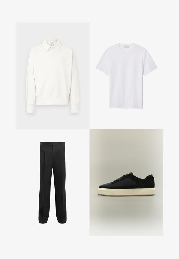Polo de manga larga blanco con cuello, que presenta un logotipo bordado sutil en el pecho izquierdo, hecho de tela suave con un acabado ligeramente texturizado.; Camiseta blanca lisa de manga corta con cuello redondo, con un pequeño logo en relieve en el pecho izquierdo y una etiqueta de la marca en el interior del cuello.; Pantalones negros con un diseño de pierna recta, que presentan pliegues, un cierre de un solo botón y trabillas para cinturón. Fabricados con una tela suave.; Zapatilla deportiva negra de corte bajo con suela blanca gruesa, cordones en la parte delantera y el logo sutil "cK" en el lateral.