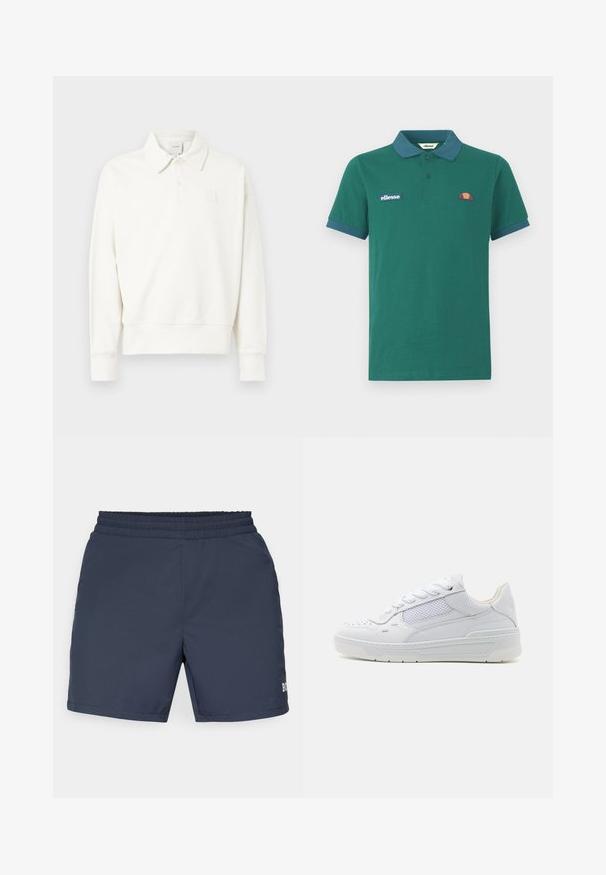 Weißes Poloshirt mit Pullover-Design und Kragen, mit einem dezenten, auf der linken Brustseite gestickten Logo, aus weichem Stoff mit leicht strukturierter Oberfläche gefertigt.; Grünes Polohemd aus Baumwolle mit einem kontrastierenden blauen Kragen und Bündchen. Verfügt über ein gesticktes Logo und ein kleines farbenfrohes Design auf der Brust.; Marineblaue Badeshorts aus leichtem Material; mit einem elastischen Bund und einem kleinen Logodetail auf der unteren rechten Seite.; Weiße Sneaker aus Leder und Mesh-Materialien, mit abgerundeter Spitze, flachen Schnürsenkeln und einer strukturierten Sohle mit subtiler Markenprägung an der Seite.