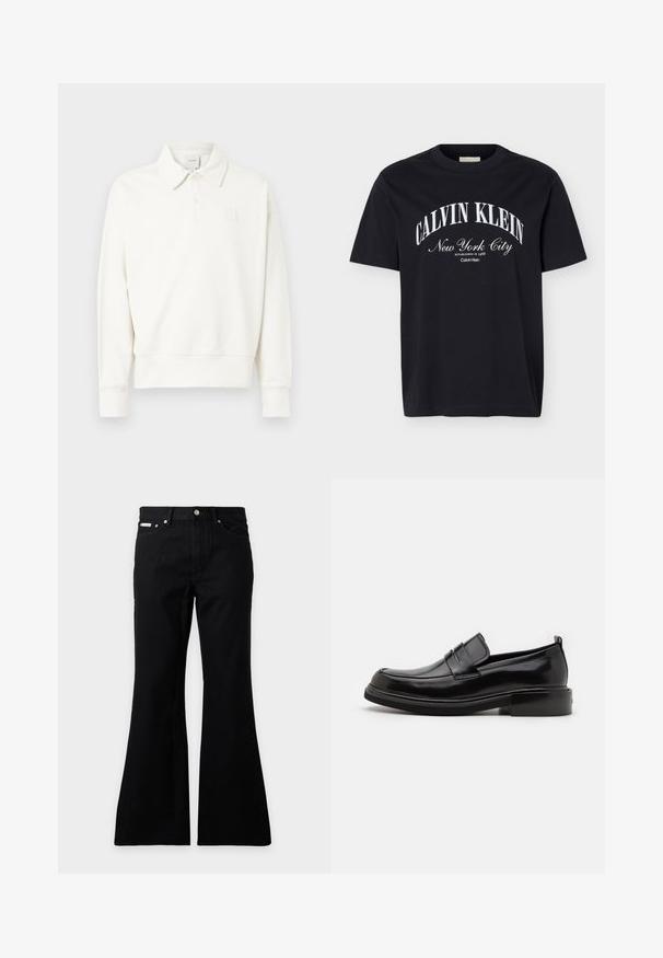 Polo de manga larga blanco con cuello, que presenta un logotipo bordado sutil en el pecho izquierdo, hecho de tela suave con un acabado ligeramente texturizado.; Camiseta negra de manga corta con texto blanco "Calvin Klein New York City Establecido en 1968" impreso en el centro del frente.; Vaqueros negros de cintura alta con pierna acampanada, cierre frontal de botón y cremallera, y bolsillos delanteros y traseros.; Calvin Klein MOCCASIN - Mocasines elegantes - black