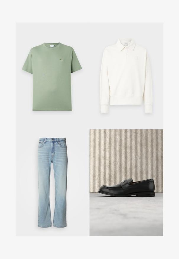 Hvid pullover polo med krave, der har et diskret broderet logo på venstre bryst, lavet af blødt stof med en let tekstureret finish.; Lysegrøn bomulds T-shirt med rund halsudskæring, korte ærmer og et lille logo på venstre bryst. Glat tekstur, standard pasform.; Lyseblå denimjeans med lige ben, der har fem lommer, knaplukning og en subtil falmning på stoffet.; Sort læderloafer med metalbrandskilt hvilende nær et brunt rundt bord på beige tæppe.