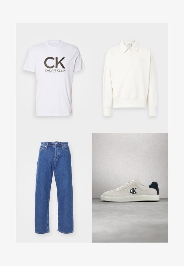 Witte polo trui met kraag, voorzien van een subtiel geborduurd logo op de linkerborst, gemaakt van zachte stof met een licht gestructureerde afwerking.; Witte katoenen t-shirt met een groot zwart "CK" logo en "CALVIN KLEIN" tekst eronder. Klassieke ronde hals en korte mouwen.; Blauwe denim jeans met een rechte pijp, voorzien van een knoop en rits, vijf zakken en minimale stikdetails.; Witte suède sneaker met marineblauwe accenten, ronde neus, platte veters, gestructureerd bovenwerk en een opvallend logo aan de zijkant. Soepele rubberen zool.