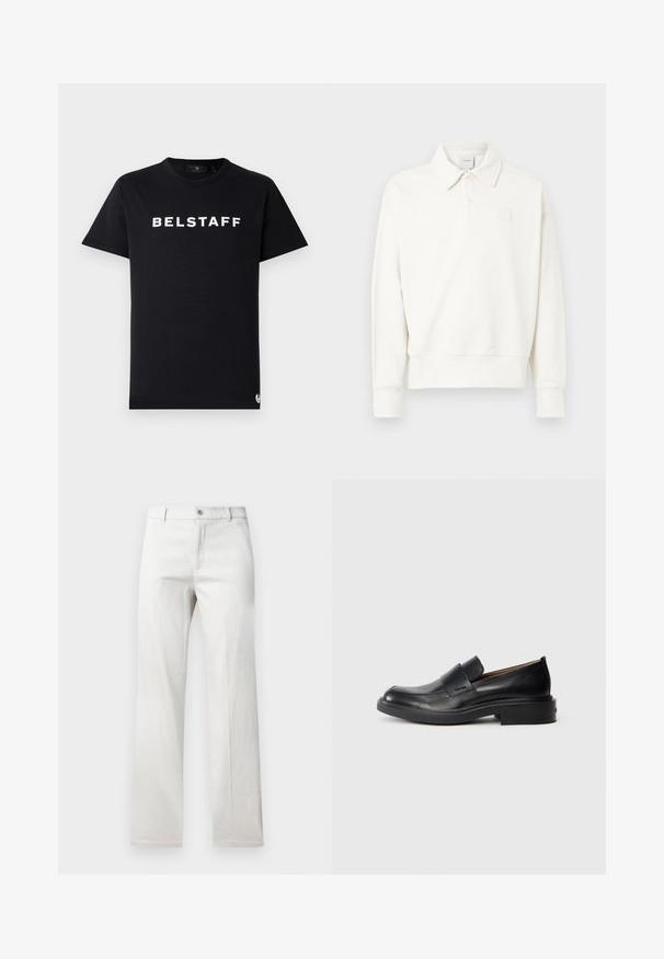 Weißes Poloshirt mit Pullover-Design und Kragen, mit einem dezenten, auf der linken Brustseite gestickten Logo, aus weichem Stoff mit leicht strukturierter Oberfläche gefertigt.; Schwarzes Baumwoll-T-Shirt mit Rundhalsausschnitt, kurzen Ärmeln und weißem "BELSTAFF"-Logo, das über die Brust gedruckt ist.; Helle graue Hose mit geradem Bein, aus einem glatten Stoff gefertigt, mit vorderer Knopfverschluss und Seitentaschen.; Schwarze Leder-Pantoletten mit niedrigem Absatz und dezentem Calvin Klein-Logo an der Seite, im Profil vor einem weißen Hintergrund dargestellt.