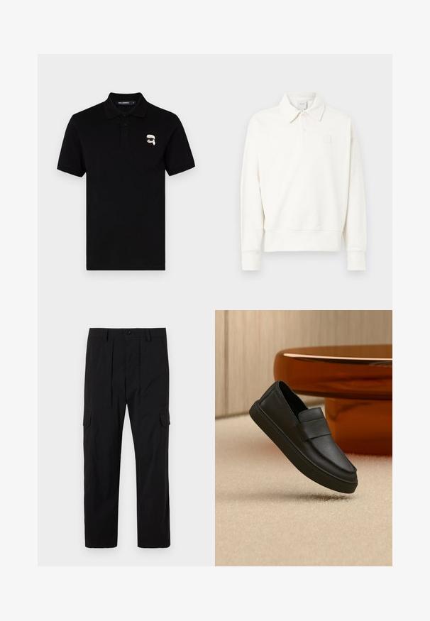 Polo à manches longues blanc avec col, présentant un logo brodé discret sur la poitrine gauche, fabriqué en tissu doux avec une finition légèrement texturée.; Polo shirt noir en coton avec un col, trois boutons et un petit logo blanc sur la poitrine gauche. Manches courtes et coupe droite.; Pantalons cargo noirs en tissu léger, avec une coupe droite, des pliures avant, des poches latérales et une fermeture à bouton.; Mocassin en cuir noir à enfiler avec une bride sur le dessus, positionné sur un tapis beige et une table ronde marron.