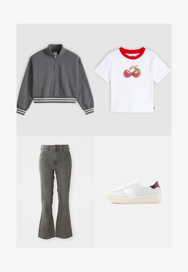 Dunkelgrauer, kurz geschnittener Sweatshirt mit einem Viertel-Reißverschluss, Stehkragen, langen Ärmeln und gestreiften, gerippten Bündchen und Saum.; Weißes Kurzarm-T-Shirt mit rotem Kragen und einer Grafik von zwei Kirschen mit grünem Blatt auf der Vorderseite in der Mitte.; Grau mit Schlag geschnittene Jeans aus Denim mit hoher Taille, Gürtelschlaufen, fünf Taschen und einem weichen, strukturierten Stofffinish.; Weißer Sneaker mit niedrigem Schaft, weißen Schnürsenkeln, cremefarbener Sohle, strukturiertem Seitenpanel und glänzendem dunkelrotem Fersenlasche, von der Innenseite gezeigt.