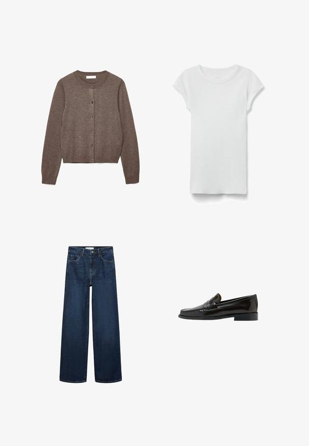 Brauner Langarm-Cardigan mit Knopfleiste, rundem Ausschnitt sowie gerippten Bündchen und Saum vor weißem Hintergrund.; Weißes kurzärmeliges, geripptes T-Shirt mit Rundhalsausschnitt, flach auf weißem Hintergrund liegend, zeigt die Vorderseite und einen einfachen, legeren Stil.; Weite dunkelblaue Denim-Jeans mit hoher Taille, ausgestattet mit fünf Taschen und einer klassischen Knopfschließe. Glatte Textur und gerader Schnitt.; Schwarzer Leder-Pennyloafer mit niedrigem Absatz und gesteppten Details, seitlich auf weißem Hintergrund gezeigt.