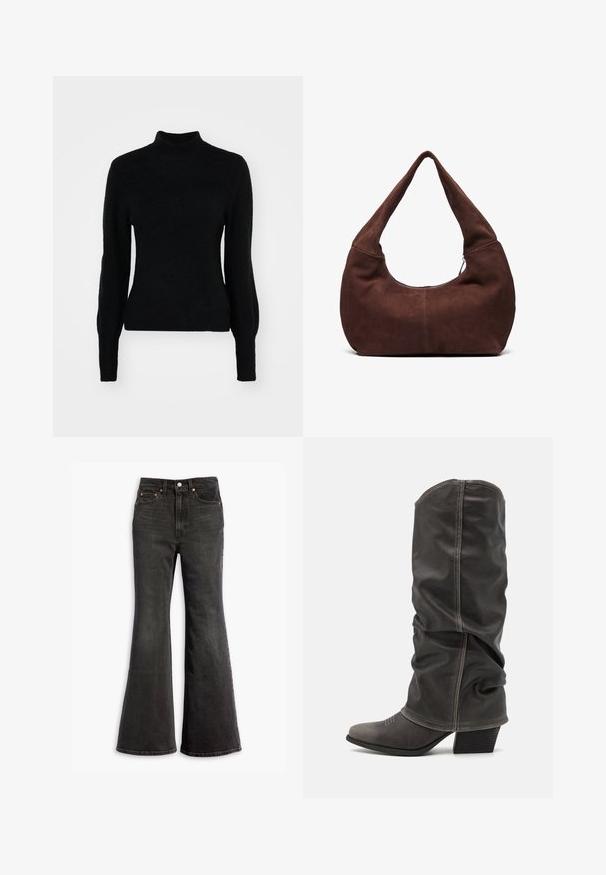 Sort turtleneck sweater lavet af et blødt, tekstureret stof. Med lange ærmer og et tætsiddende design med en sømløs finish.; Sorte højtaljede denim jeans med flagrende ben, fem-lomme design og kobbernitter.; Grå læder støvler op til læggen med et slouchy design, spidse tæer og stablet hæl. Bemærkelsesværdig syning detalje ved tåområdet.; Brun ruskinds hobo taske med et buet, bredt håndtag og en stor åbning. Blød tekstur med synlige stikninger langs kanterne.
