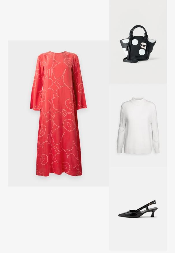 pure cashmere MOCKNECK - Striktrøje - vintage white; Rød langærmet maxikjole med stort lyst pink abstrakt blomstermønster og rund halsudskæring mod hvid baggrund.; Sort laklæderslingback med lille hæl, spids tå og justerbar guldlåsrem på hvid baggrund.; Sort læderhåndtaske med store hvide polkaprikker, knyttede håndtag, aftagelig rem og et tegneserievedhæng med solbriller.