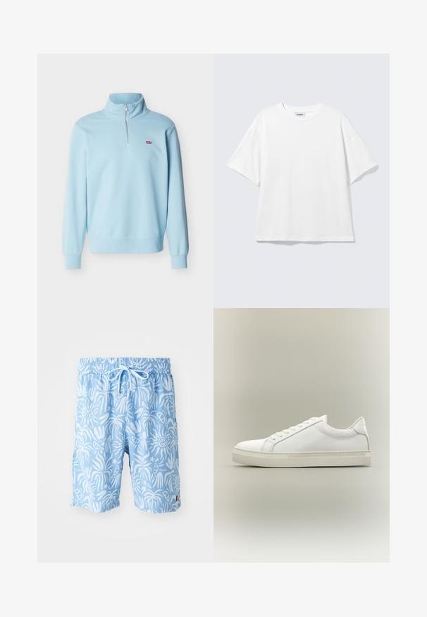 Lichtblauwe pullover met lange mouwen, een kwart ritssluiting en een klein rood Levi's-logo op de linkerborst.; Witte oversized T-shirt met korte mouwen, ronde hals en verlaagde schouders, plat op een lichtgrijze achtergrond.; Lichtblauwe zwembroek met een wit abstract patroon, elastische tailleband en trekkoord. Logo aan de voorkant links en zijsplitten aan de zoom.; Witte lage sneaker met veters aan de voorkant en dikke zool, zijaanzicht tegen een neutrale achtergrond.
