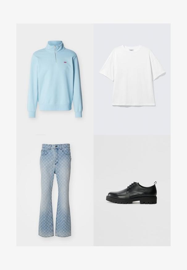 Pull-over bleu clair à manches longues avec une fermeture éclair d'un quart et un petit logo Levi's rouge sur le côté gauche de la poitrine.; T-shirt blanc oversize à manches courtes, col rond, épaules tombantes, posé à plat sur fond gris clair.; Jean flare en denim bleu clair avec un motif logo sur l'ensemble, cinq poches, une fermeture à bouton et une finition légèrement décolorée.; Chaussure en cuir noir à bout arrondi, présentant un design à lacets, une semelle en caoutchouc noire robuste et un petit onglet de talon à l'arrière.