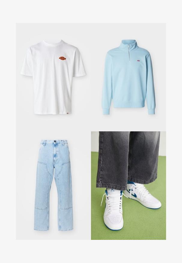 Lyseblå langærmet pullover med en kvart lynlås og et lille rødt Levi's-logo på venstre bryst.; Hvid bomulds t-shirt med korte ærmer, der har et lille orange og sort "Dickies" logo på venstre brystområde.; Lyseblå, lige ben denim jeans med store forlommer og kontraststing. Stoffet har en lysnet, blød tekstur.; Hvide højtop sneakers med blå accenter, perforeret tå boks og hvide snørebånd. Båret med løse grå denim bukser på en grøn overflade.