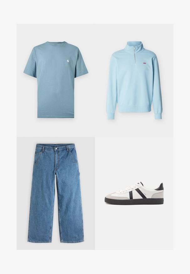 Lichtblauwe pullover met lange mouwen, een kwart ritssluiting en een klein rood Levi's-logo op de linkerborst.; Lichtblauw T-shirt met korte mouwen en ronde hals, met een klein wit logo op de linkerborst, weergegeven tegen een effen achtergrond.; Blauwe jeans met wijde pijpen en dunne witte verticale spijkerstreepjes, voorzakken, riemlussen en een knoopsluiting in de taille.; Witte sneaker met zwarte en grijze accenten, voorzien van een grijze neus met textuur, zwarte rubberen zool en platte witte veters. Schoon ontwerp, minimalistische stijl.