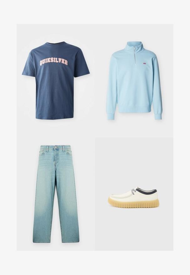 Vaaleansininen pitkähihainen pusero, jossa on neljänneksen mittainen vetoketju ja pieni punainen Levi's-logo vasemmassa rinnassa.; Laivansininen lyhythihainen T-paita, jossa rintakehässä on valkoiset ja vaaleanpunaiset yliopistotyyliset kirjaimet "QUIKSILVER".; Vaaleansiniset leveät farkut, jotka on valmistettu denimistä ja joissa on haalistunut pesu. Varustettu edessä napilla kiinnityksellä ja viidellä taskulla.; Valkoisenharmaa rento kenkä, jossa on paksu, uurrettu beige pohja, musta reunus nilkan ympärillä ja raidoitetut kengännauhat, esitetty yksinkertaisella vaaleanharmaalla taustalla.