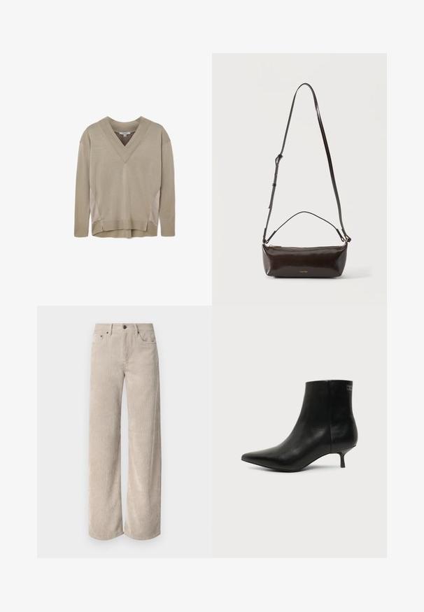 Beige Pullover mit langen Ärmeln und V-Ausschnitt, ausgestattet mit gerippten Bündchen und Saum. Er verfügt über seitliche Panel-Akzente und einen leichten High-Low-Saum.; Beige Kordhose im Weitschnitt mit vertikalen Streifen, ausgestattet mit einem Knopfverschluss und frontalen Taschen. Weicher, strukturierten Stoff in lockerer Passform.; Schwarzer Leder-Knöchel-Stiefel mit spitzer Spitze und niedrigem Kittenabsatz vor hellem Hintergrund, seitliche Ansicht.; Kleine glänzende dunkelbraune Leder-Schultertasche mit verstellbarem Riemen, Tragegriff oben und goldfarbenem Reißverschluss.