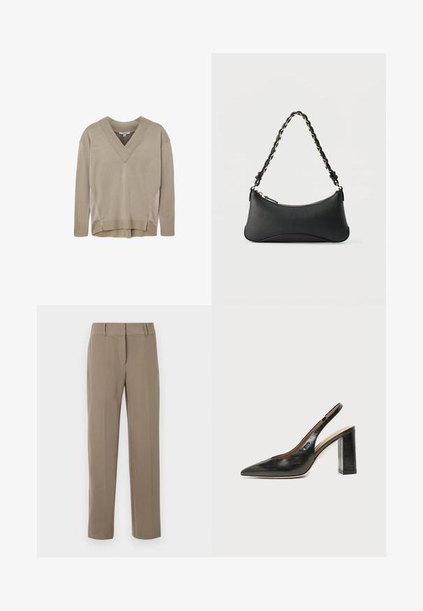 Beige langærmet V-hals sweater med ribbede manchetter og kant, med sideliner og let høj-lav kantdetalje.; Klassiske kaki bukser med lige ben, bæltestropper og lynlås foran på hvid baggrund.; Sort læder peep-toe slingback sko med høj blokhæl og beige indvendig foring mod en ensfarvet lys baggrund.; Sort skuldertaske i læder med en buet rektangulær form, gyldent kæde vævet ind i en flettet sort rem og toplynlås.