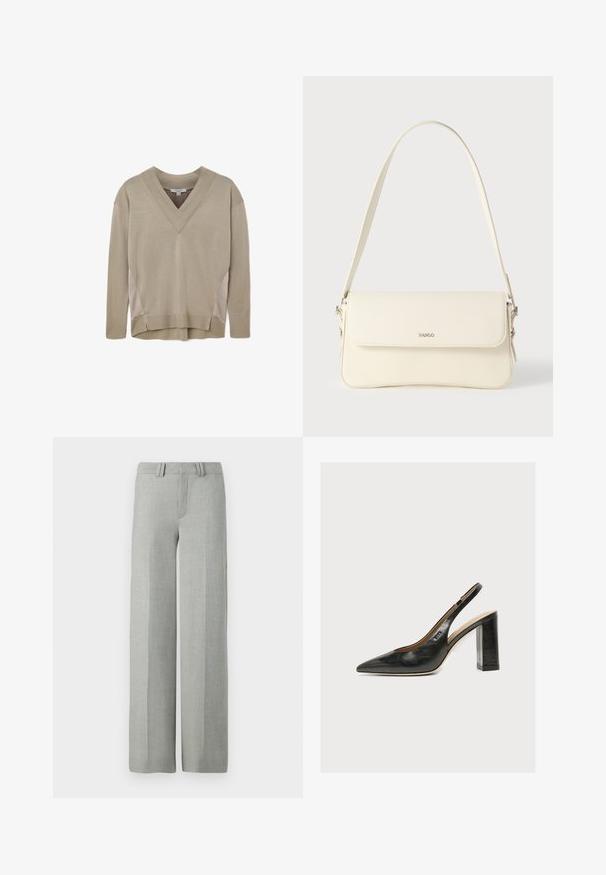 Beige Pullover mit langen Ärmeln und V-Ausschnitt, ausgestattet mit gerippten Bündchen und Saum. Er verfügt über seitliche Panel-Akzente und einen leichten High-Low-Saum.; Graue, weit geschnittene Hosen aus leichtem Stoff, mit flachem Bund, Gürtelschlaufen und sauberen, maßgeschneiderten Linien ohne sichtbare Muster.; Schwarzer Leder-Damenslingback-Schuh mit spitzer Zehenpartie und dickem hohem Blockabsatz vor weißem Hintergrund.; Schultertasche aus cremefarbenem Leder mit Klappverschluss, silbernen Beschlägen, einem verstellbaren Riemen und einem dezenten Logodetail.