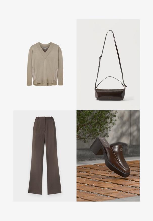 Suéter beige de manga larga y cuello en V con puños y dobladillo acanalados, que presenta detalles de paneles laterales y un ligero dobladillo asimétrico.; Pantalones de pierna ancha en una tela marrón sólida, con una textura suave, lazos para cinturón, pliegue frontal y sin bolsillos visibles.; Mule con tacón de cuero marrón Calvin Klein flotando sobre un suelo de baldosas de madera con un fondo borroso de planta verde y pared.; Pequeño bolso de hombro de cuero marrón oscuro brillante con correa ajustable, asa superior y cierre de cremallera dorado.
