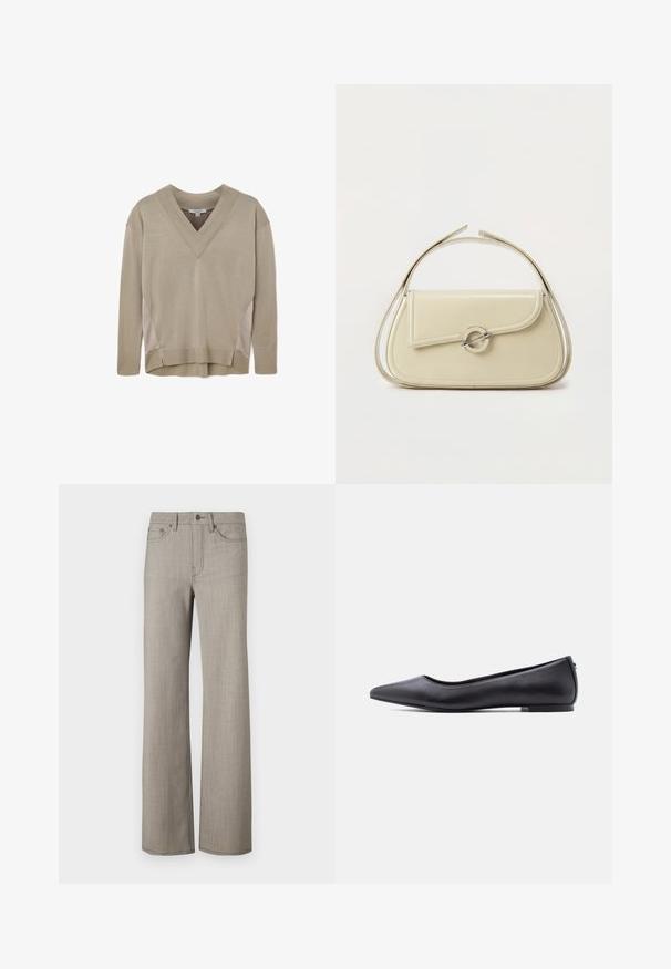 Beige langærmet V-hals sweater med ribbede manchetter og kant, med sideliner og let høj-lav kantdetalje.; Bredde benbukser i en lys grå, tekstureret stof med en glat overflade. Har en knaplukning og fem-lomme design.; Sort flad lædersko med spidst tåparti og lav hæl, vist i sideprofil mod en hvid baggrund.; Cremefarvet læderhåndtaske med buet klap, cirkulært sølvspænde og kort topstrop på en ens hvid baggrund.
