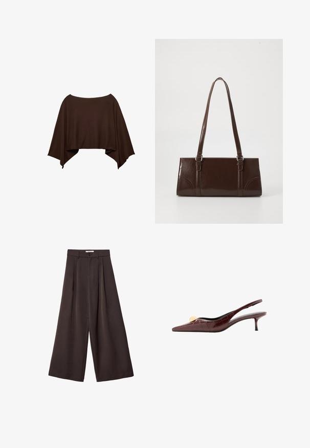 Poncho marron style cape avec des côtés larges et fluides et un col droit, présenté sur fond blanc.; Pantalon à jambes larges en tissu brun foncé, avec des plis, une fermeture par bouton, et une texture lisse ; longueur cheville avec une coupe ajustée.; Chaussure slingback pointue marron foncé avec petit talon kitten et détail décoratif doré à l'avant.; Sac à main en cuir verni marron de forme rectangulaire, avec deux longues poignées et des accents courbés subtils à l'avant.