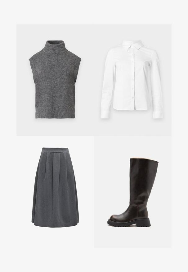 Pull en maille sans manches gris avec un col roulé, texture côtelée, silhouette ajustée et col large et haut. Design simple et polyvalent, sans motifs.; Chemise blanche à manches longues avec boutons, col pointu, ourlet droit et silhouette ajustée, présentée sur un fond clair uni.; Jupe plissée gris foncé de longueur moyenne avec une taille ajustée, conçue pour un usage décontracté ou professionnel.; Botte haute en cuir noir avec semelle épaisse et doublure en fourrure beige en haut, vue de côté sur un fond uni.