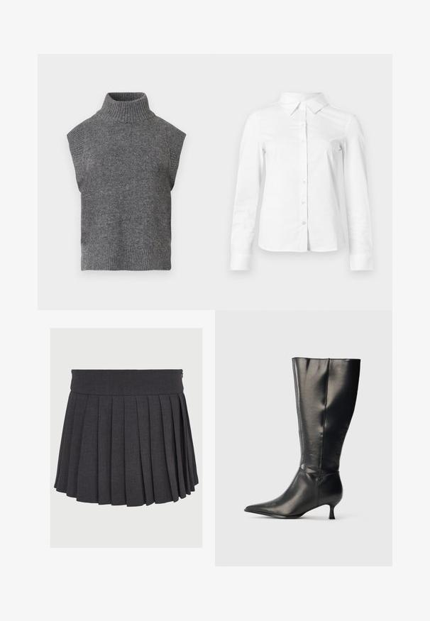 Grå ærmeløs strikket turtleneck sweater med ribbet tekstur, tætsiddende silhuet og bred, høj krave. Enkel, alsidig design uden mønstre.; Hvid skjorte med lange ærmer, knapper, spids krave, lige kant og tætsiddende silhuet, vist på en ensartet lys baggrund.; Grå plisseret nederdel med flad talje og lynlås, lavet af et struktureret stof med jævnt fordelte dybe plisseringer.; Sort knæhøj læderstøvle med spids tå og lav kittenhæl, vist på en enkel lys baggrund.