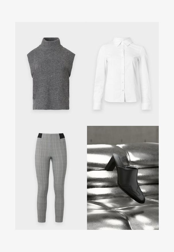 Grauer ärmelloser Strick-Turtleneck-Pullover mit gerippter Struktur, figurbetonter Silhouette und breitem, hohem Kragen. Schlichtes, vielseitiges Design ohne Muster.; Weißes langärmeliges Hemd mit spitzem Kragen, geradem Saum und taillierter Silhouette, auf hellem, einfarbigem Hintergrund dargestellt.; Graue karierte Leggings mit einer enganliegenden Passform, ausgestattet mit einem schwarzen elastischen Bund und seitlichen Taschen. Strukturierter Stoff mit einem Karomuster.; Schwarzer Leder-Mule mit Blockabsatz, der auf einer glänzenden silbernen, gepolsterten Oberfläche liegt und sein schlankes Design sowie die geschwungenen Details hervorhebt.