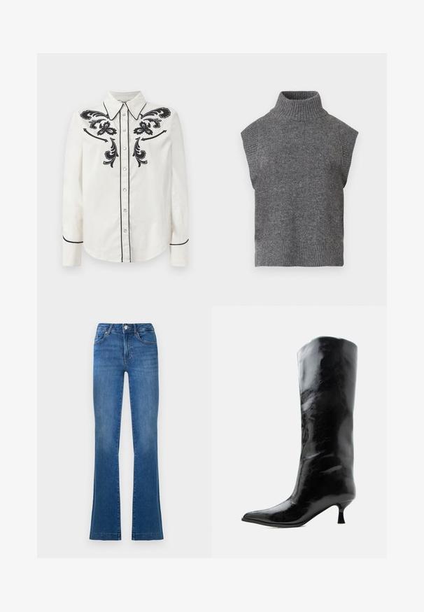 Pull en maille sans manches gris avec un col roulé, texture côtelée, silhouette ajustée et col large et haut. Design simple et polyvalent, sans motifs.; Chemise en coton blanche ornée de broderies florales noires sur la poitrine, de passepoils noirs le long du col et des poignets, et d'une fermeture à boutons.; Jeans bleus évasés en denim, dotés d'un design classique à cinq poches, d'une fermeture à bouton sur le devant, et de zones légèrement décolorées au niveau des cuisses.; Botte en cuir noire brillante, haute jusqu'au genou, avec bout pointu et talon bas courbé sur un fond clair uni.