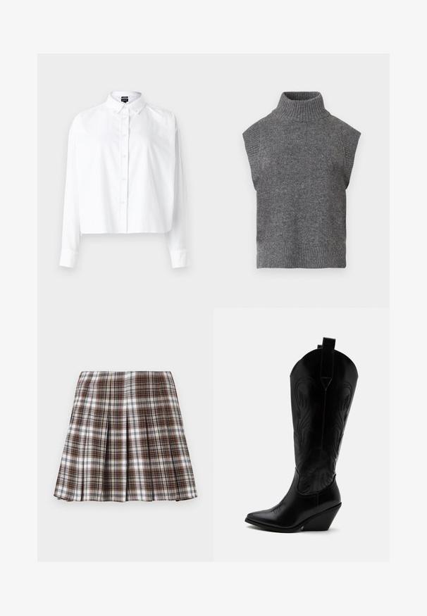 Suéter de punto sin mangas en color gris, con textura acanalada, silueta ajustada y cuello alto amplio. Diseño simple y versátil sin patrones.; Camisa blanca corta con botón, con un cuello clásico, mangas largas y una tela de algodón suave. Cuenta con cierre de botones en el frente y mangas ajustadas.; Falda plisada de cuadros marrones y blancos con un diseño estructurado y una textura nítida, que presenta una cintura alta y múltiples pliegues verticales.; Bota de vaquero de cuero negro con punta puntiaguda, tacón bloqueado inclinado, costuras decorativas y lengüetas en la parte superior sobre fondo blanco.