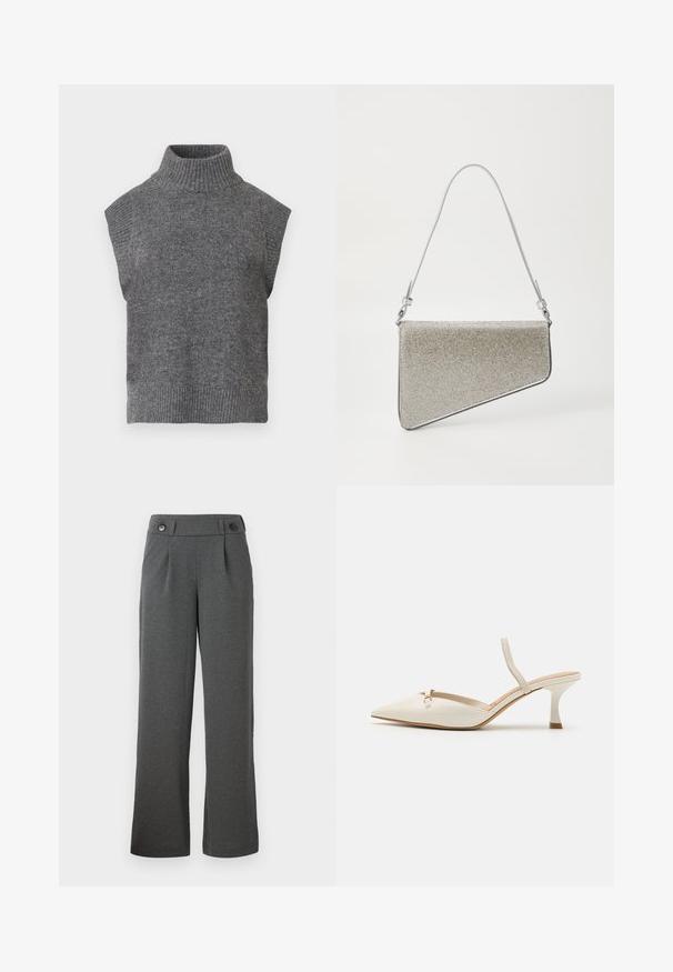 Grå ærmeløs strikket turtleneck sweater med ribbet tekstur, tætsiddende silhuet og bred, høj krave. Enkel, alsidig design uden mønstre.; Grå brede bukser lavet af struktureret stof, med høj talje, frontfolder og to knapper i taljen.; ALDO NAILAH - Pumps - white/bone; Clutch taske med en trekantet form, dækket af sølvfarvet mesh-stof. Har en tynd, justerbar rem og metalhardware detaljer.