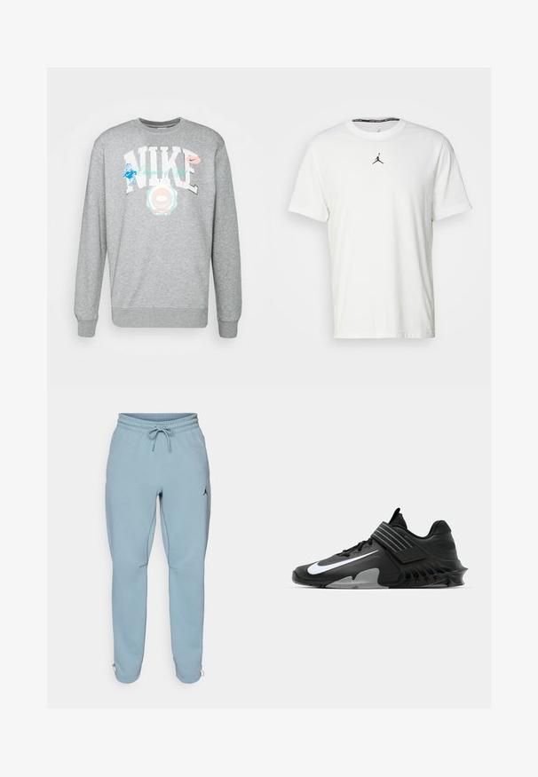 Nike Sportswear CREW VARSITY - Sudadera - dark grey heather; Camiseta blanca de manga corta hecha de algodón, con un logo Jumpman negro en el pecho y un cuello redondo con una etiqueta interior negra.; Pantalones deportivos de un azul claro, confeccionados en una tela suave, con una waistband elástica y cordón, bolsillos laterales y un pequeño logo negro en el muslo.; Zapatos deportivos negros con un diseño elegante, que presentan un destacado logo de Nike en blanco, superposiciones texturizadas y una suela moldeada distintiva.