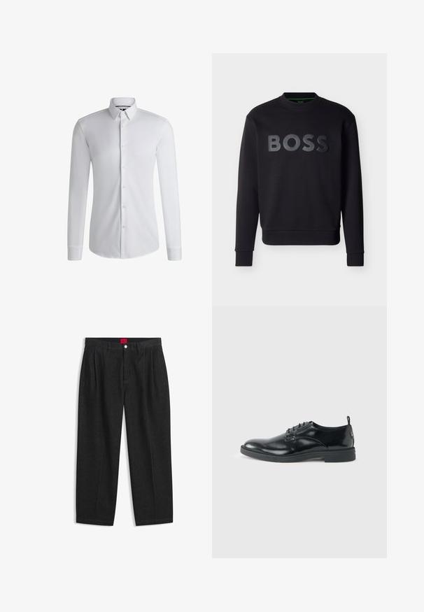 Sudadera negra de manga larga con cuello redondo, con el logo BOSS en relieve de color negro centrado en el frente y puños y dobladillo acanalados.; Camisa blanca de manga larga hecha de tejido suave, con un cuello abotonado y una fila de botones en la parte delantera. Diseño simple.; Pantalones negros de talle alto con pliegues delanteros, trabillas para cinturón, cierre con botón y cremallera, y una etiqueta roja en el interior de la cintura.; Zapato de vestir negro de cuero brillante con tacón bajo, cierre de cordones y puntera redonda, mostrado de lado sobre un fondo claro y liso.