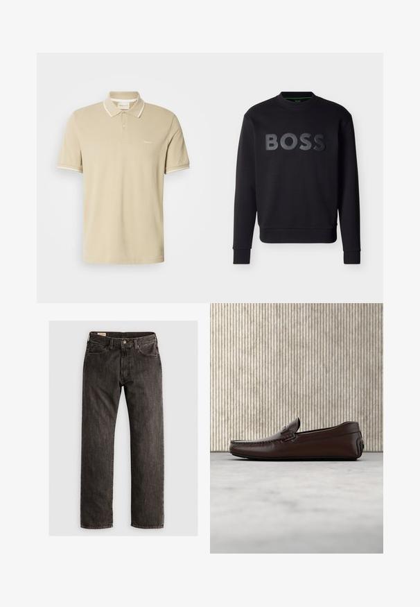 Sweatshirt noir à manches longues avec col rond, logo BOSS noir en relief centré sur le devant, manches et ourlet côtelés.; Polo beige à manches courtes avec bordures blanches sur le col et les manches, patte à deux boutons, et petit logo "GANT" sur la poitrine.; Jeans en denim noir à jambes droites avec fermeture à bouton et à zip, poches avant et arrière, et passants de ceinture.; Mocassins en cuir marron avec une finition lisse, des coutures de style mocassin, un bout rehaussé et une semelle en caoutchouc basse et flexible.