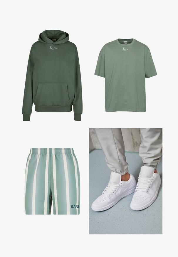 Grüne Kapuzen-Sweatjacke aus weichem Material, mit einer Fronttasche, gerippten Bündchen und einem weißen Logo auf der Brust.; Grünes Baumwoll-T-Shirt mit entspanntem Schnitt, geripptem Rundhalsausschnitt und kurzen Ärmeln. Mit weißem, gesticktem Text auf der Brust.; Minzgrüne Badehose mit weißen vertikalen Streifen. Verfügt über einen elastischen Bund und ein gesticktes 'KANI'-Logo in dunkelgrün. Glatte Textur.; Weiße Ledersneaker mit perforierter Zehenbox, flachen Schnürsenkeln, gepolstertem Kragen und dem Jordan-Logo auf der Zunge. Getragen mit grauen Jogginghosen.