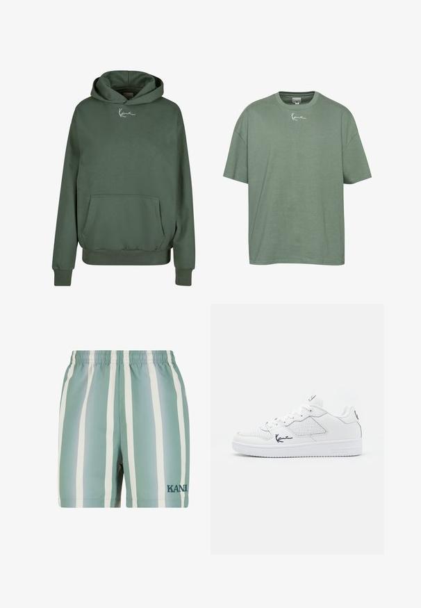 Grüne Kapuzen-Sweatjacke aus weichem Material, mit einer Fronttasche, gerippten Bündchen und einem weißen Logo auf der Brust.; Grünes Baumwoll-T-Shirt mit entspanntem Schnitt, geripptem Rundhalsausschnitt und kurzen Ärmeln. Mit weißem, gesticktem Text auf der Brust.; Minzgrüne Badehose mit weißen vertikalen Streifen. Verfügt über einen elastischen Bund und ein gesticktes 'KANI'-Logo in dunkelgrün. Glatte Textur.; Weiße Sneaker aus synthetischem Material mit perforierten Details, flachen Schnürsenkeln, einer strukturierten Sohle und einem marineblauen Logo an der Seite und Ferse.