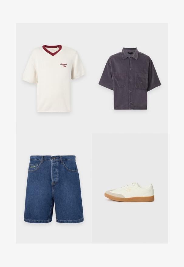 Cremefarvet kortærmet strik T-shirt med en maroon V-udskæring, med "Original Club" broderet på venstre side. Strukturert stof.; Kortærmet, mørkegrå fløjlsnederdelsskjorte med knapper foran, to brystlommer og en klassisk krave.; Denimshorts i mørkeblå med en klassisk pasform, der har forlommer, bæltestropper og et synligt mærke på venstre lomme.; Sneaker lavet af hvid læder med en beige tåhætte og let brunt gummisål. Har flade hvide snørebånd og prægede branding på siden.