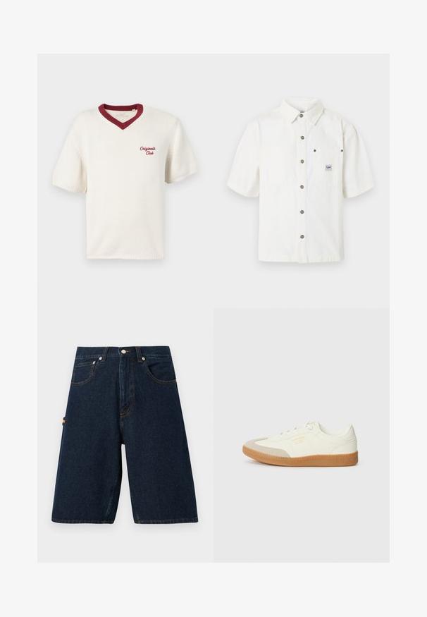 Cremefarbenes kurzärmliges Strick-T-Shirt mit einem maronenfarbenen V-Ausschnitt, auf der linken Seite mit "Original Club" bestickt. Texturiertes Material.; Weißes Kurzarm-Hemd mit Knöpfen vorne, Kragen, Metallknöpfen, einer Brusttasche mit kleinem Lee-Logo.; Dunkelblaue Jeansshorts mit lockerem Schnitt, Fünf-Taschen-Design und kontrastierenden orangefarbenen Nähten. Verfügt über einen klassischen Knopf- und Reißverschluss.; Sneaker aus weißem Leder mit einer beigen Zehenkappe und leichter brauner Gummisohle. Verfügt über flache weiße Schnürsenkel und geprägtes Branding an der Seite.