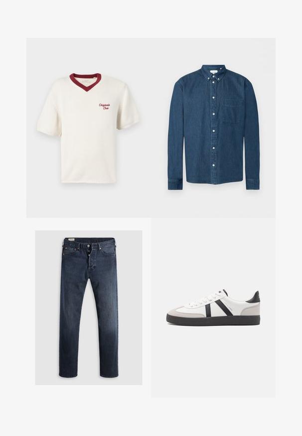 Crème korte mouw gebreid T-shirt met een bordeauxrode V-hals kraag, met de tekst "Original Club" geborduurd aan de linkerkant. Gestructureerde stof.; Donkerblauw denim overhemd met knopen, lange mouwen, een voorzak aan de linkerkant en een button-down kraag, weergegeven op een witte achtergrond.; Donkerblauwe denim jeans met een rechte pijp, voorzien van een rits en metalen knopen, en koperen klinknagels. Gladde textuur, geen zichtbare patronen.; Witte sneaker met zwarte en grijze accenten, voorzien van een grijze neus met textuur, zwarte rubberen zool en platte witte veters. Schoon ontwerp, minimalistische stijl.