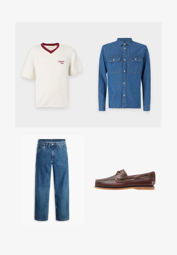 Cremefarbenes kurzärmliges Strick-T-Shirt mit einem maronenfarbenen V-Ausschnitt, auf der linken Seite mit "Original Club" bestickt. Texturiertes Material.; Dunkelblaue Jeanshemd mit langen Ärmeln und geknöpften Manschetten, spitzem Kragen, zwei Brusttaschen und vorderem Knopfverschluss mit goldenen Beschlägen.; Blaue Jeans mit geradem Bein, Vordertaschen, Gürtelschlaufen, Metallknopf und Reißverschluss auf weißem Hintergrund.; Brauner Leder-Bootsschuh mit weißen Nähten, Schnürdetails und hellbrauner Gummisohle, seitlich auf weißem Hintergrund gezeigt.
