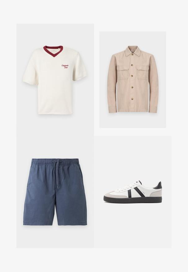 T-shirt en tricot à manches courtes couleur crème avec un col en V bordeaux, présentant "Original Club" brodé sur le côté gauche. Tissu texturé.; Veste-chemise beige à manches longues avec col et deux poches à rabat sur la poitrine, présentée sur un fond clair uni.; Shorts décontractés bleu marine avec taille élastique et cordon, coupe droite et poches latérales.; Baskets blanches avec des accents noirs et gris, présentant un embout texturé gris, une semelle en caoutchouc noir et des lacets plats blancs. Design épuré, style minimaliste.
