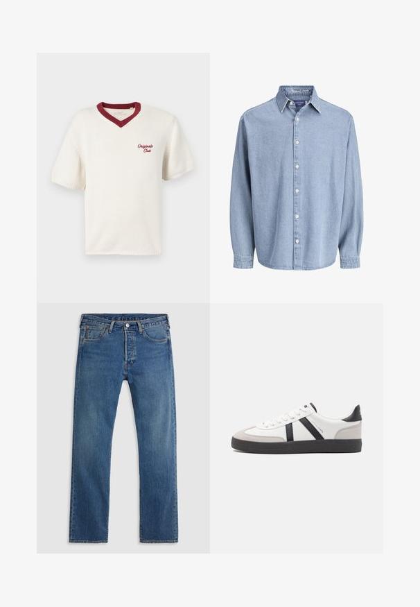 Cremefarvet kortærmet strik T-shirt med en maroon V-udskæring, med "Original Club" broderet på venstre side. Strukturert stof.; Lysblå denim skjorte med lange ærmer og knapper, med krave og hvide knapper, præsenteret mod en helt hvid baggrund.; Blå straight-leg denimjeans med fem lommer, bæltestropper og lukning med knap og lynlås foran på en ensfarvet baggrund.; Hvide sneakers med sorte og grå detaljer, med en tekstureret grå tåhætte, sort gummisål og flade hvide snørebånd. Rent design, minimalistisk stil.