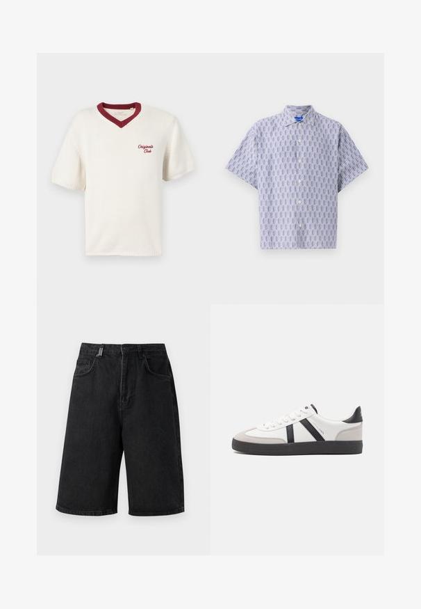 T-shirt en tricot à manches courtes couleur crème avec un col en V bordeaux, présentant "Original Club" brodé sur le côté gauche. Tissu texturé.; Chemise à manches courtes boutonnée en bleu clair avec un motif géométrique bleu foncé. Elle présente un col et une coupe décontractée. Fabriquée en tissu léger.; Shorts en denim noir avec une coupe ample, une taille mi-haute, cinq poches et des passants de ceinture. Le tissu a une texture lisse et des détails de couture subtils.; Baskets blanches avec des accents noirs et gris, présentant un embout texturé gris, une semelle en caoutchouc noir et des lacets plats blancs. Design épuré, style minimaliste.