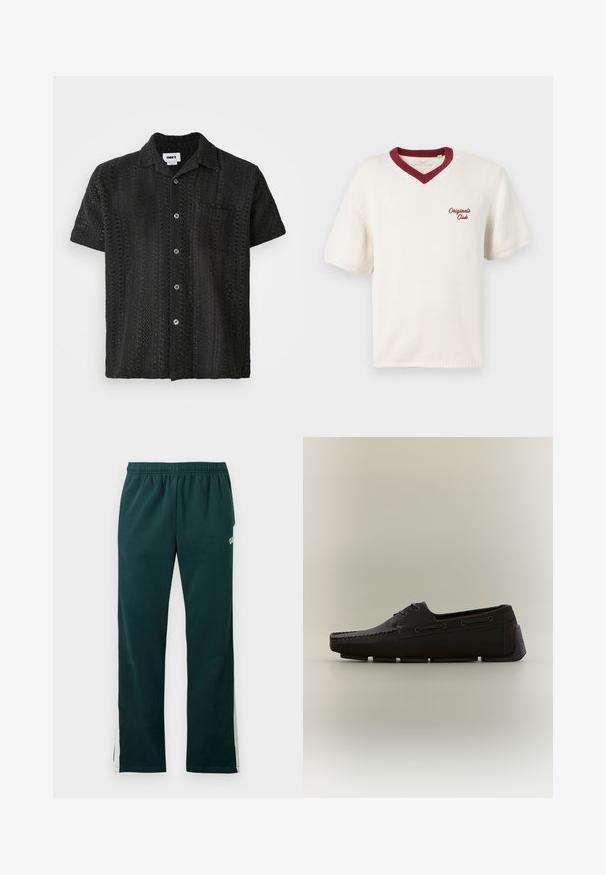 Cremefarbenes kurzärmliges Strick-T-Shirt mit einem maronenfarbenen V-Ausschnitt, auf der linken Seite mit "Original Club" bestickt. Texturiertes Material.; Schwarzes Kurzarm-Crochet-Shirt mit lockerem Schnitt, Knopfleiste auf der Vorderseite, einer Brusttasche und strukturiertem offenen Muster.; Dunkelgrüne Sweatpants mit elastischem Bund und weißen Streifen, die an den äußeren Seiten der Beine entlanglaufen.; Dunkelbrauner Herren-Ledermokassin mit Mokassinnaht und Gummisohle, seitlich auf neutralem Hintergrund dargestellt.