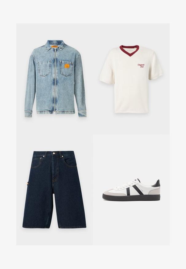 Crème korte mouw gebreid T-shirt met een bordeauxrode V-hals kraag, met de tekst "Original Club" geborduurd aan de linkerkant. Gestructureerde stof.; Lichtblauwe denim jas met een volledige rits aan de voorkant, twee borstzakken en een klein oranje Replay Inc. label op de rechterzak en de kraag.; Donkerdenim shorts met een losse snit, vijf zakken en contrasterende oranje stiksels. Heeft een klassieke knoop- en ritssluiting.; Witte sneaker met zwarte en grijze accenten, voorzien van een grijze neus met textuur, zwarte rubberen zool en platte witte veters. Schoon ontwerp, minimalistische stijl.