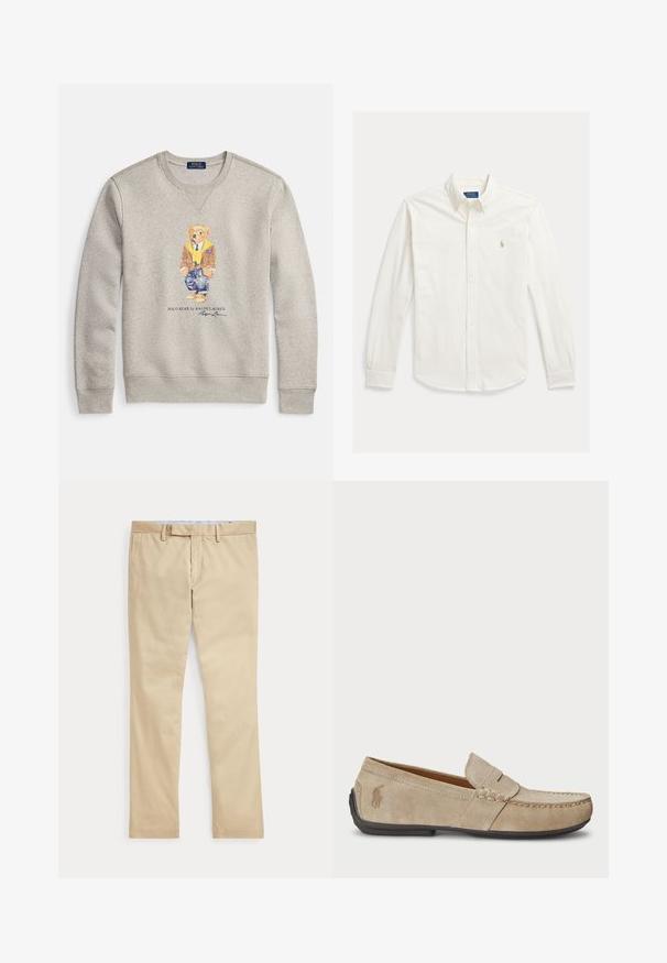 Sudadera gris con un gráfico de un oso con sudadera amarilla y chaqueta marrón, jeans de mezclilla y zapatos beige. Cuello redondo, textura suave.; Camisa blanca de manga larga con botones y cuello, con el logo de Polo Ralph Lauren bordado en el pecho izquierdo.; Pantalones beige de corte recto con trabillas para cinturón y cremallera frontal, colocados planos sobre un fondo blanco.; Mocasines de ante beige con detalle cosido, suela de goma plana y un pequeño logotipo en el lateral. Diseño clásico de slip-on, textura suave.