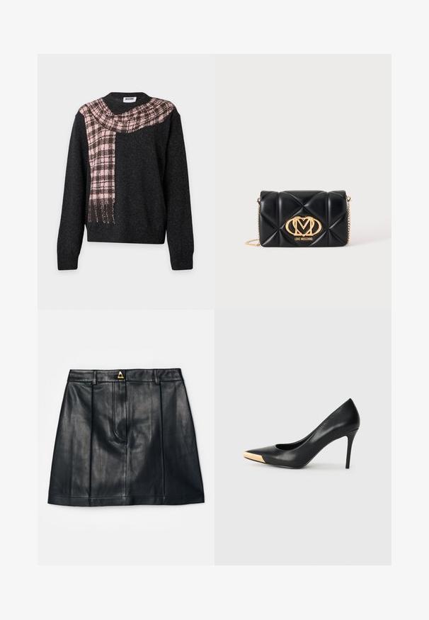Pull noir à manches longues avec un motif d'écharpe à carreaux rose et marron drapé en diagonale sur la poitrine et l'épaule.; AERON RUDENS SKIRT - Jupe trapèze - black; Pompe à talon haut en cuir noir avec bout pointu ; présente une accentuation métallique dorée sur le capuchon. Surface lisse avec un design épuré.; Sac à main en cuir matelassé noir avec bandoulière chaîne dorée et logo Love Moschino doré au centre devant.