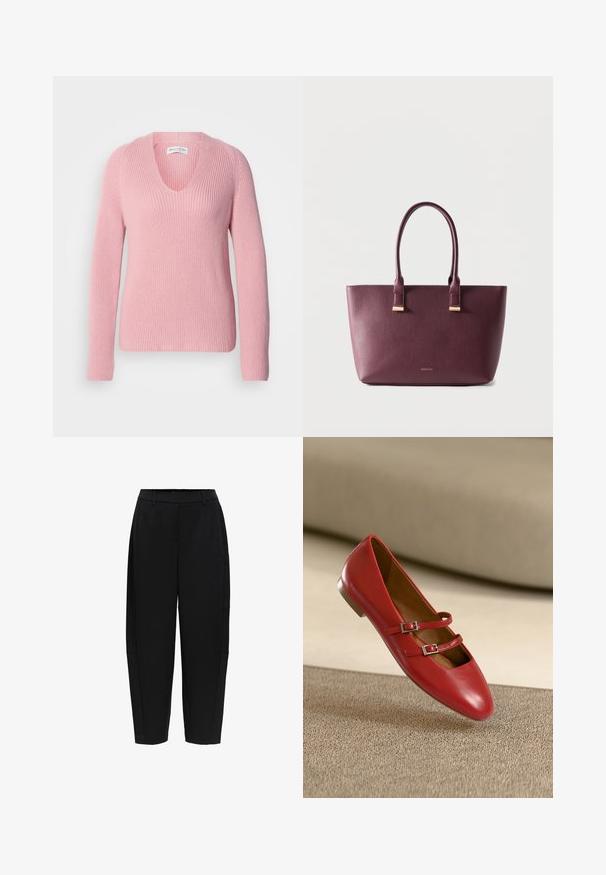 Pull en v rose, fabriqué en tricot côtelé. Présente des manches longues et une coupe décontractée. Texture lisse avec un motif côtelé.; Pantalon noir sur mesure longueur cheville avec passants pour ceinture et poches latérales, présentant une coupe droite légèrement fuselée.; Ballerine en cuir rouge avec deux brides ajustables ornées de boucles argentées. Bout arrondi et petit talon marron texturé.; Sac fourre-tout en cuir violet foncé avec deux poignées et petit logo de marque doré sur le devant, posé sur un fond clair uni.