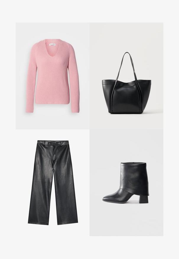 Suéter rosa de cuello en V hecho de tejido de punto acanalado. Presenta mangas largas y un corte relajado. Textura suave con detalles de patrón acanalado.; Pantalones de cuero negro de pernera ancha con una textura suave, lazos para cinturón y cremallera frontal. Presenta un ajuste holgado y detalles de costura limpios.; Bota de cuero negro hasta el tobillo con punta afilada, textura suave y un tacón bloque estructurado. Presenta un diseño de puño alto y doblado.; Bolso tote de cuero negro con dos asas largas y un borde superior ligeramente curvado, mostrado sobre un fondo claro y liso.
