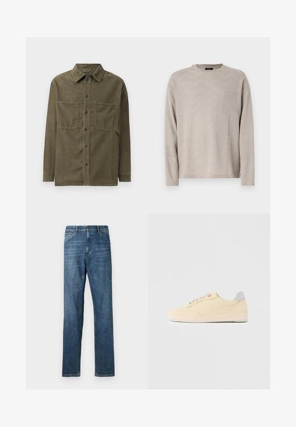 Lichtbeige langefsleef sweater met een gestructureerd zigzagpatroon, met een vierkante borstzak en een ronde halslijn.; Olijfgroene corduroy shirt-jack met een puntige kraag, een voorste knoopsluiting en twee borstzakken met klep.; Donkerblauwe denim jeans, recht model, vijf-pocket stijl, zichtbare stiksels, en een klassieke knoopsluiting. Lichte wassingseffect op de stof.; Beige lage sneaker met veters aan de voorkant, lichtroze zool en een grijze hieltab met het merk "Filling Pieces", zijaanzicht op een effen achtergrond.