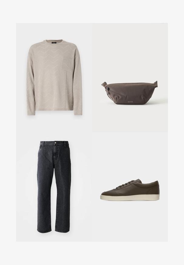 Lichtbeige langefsleef sweater met een gestructureerd zigzagpatroon, met een vierkante borstzak en een ronde halslijn.; Zwarte denim jeans met een rechte pijp, voorzien van een knoopsluiting, vijf zakken en een subtiele textuur. Klassiek ontwerp zonder opvallende patronen.; Donkerbruine leren lage sneaker met veters aan de voorkant en een crèmekleurige rubberen zool, getoond vanaf de buitenkant tegen een witte achtergrond.; Donkerbruine stoffen heuptas met diagonale ritssluiting en klein wit logo aan de voorkant, tegen een effen lichte achtergrond.